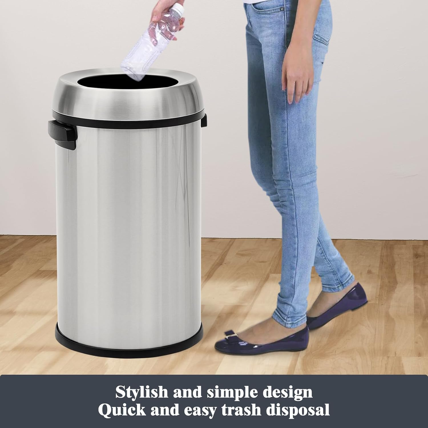 GlowSol 17 Gallon Large Capacity Kitchen Trash Can, Commercial Open Trash Can, Heavy Duty Brushed Stainless Steel Garbage Can, 65 Liter, Suitable for Kitchen Outdoor Office