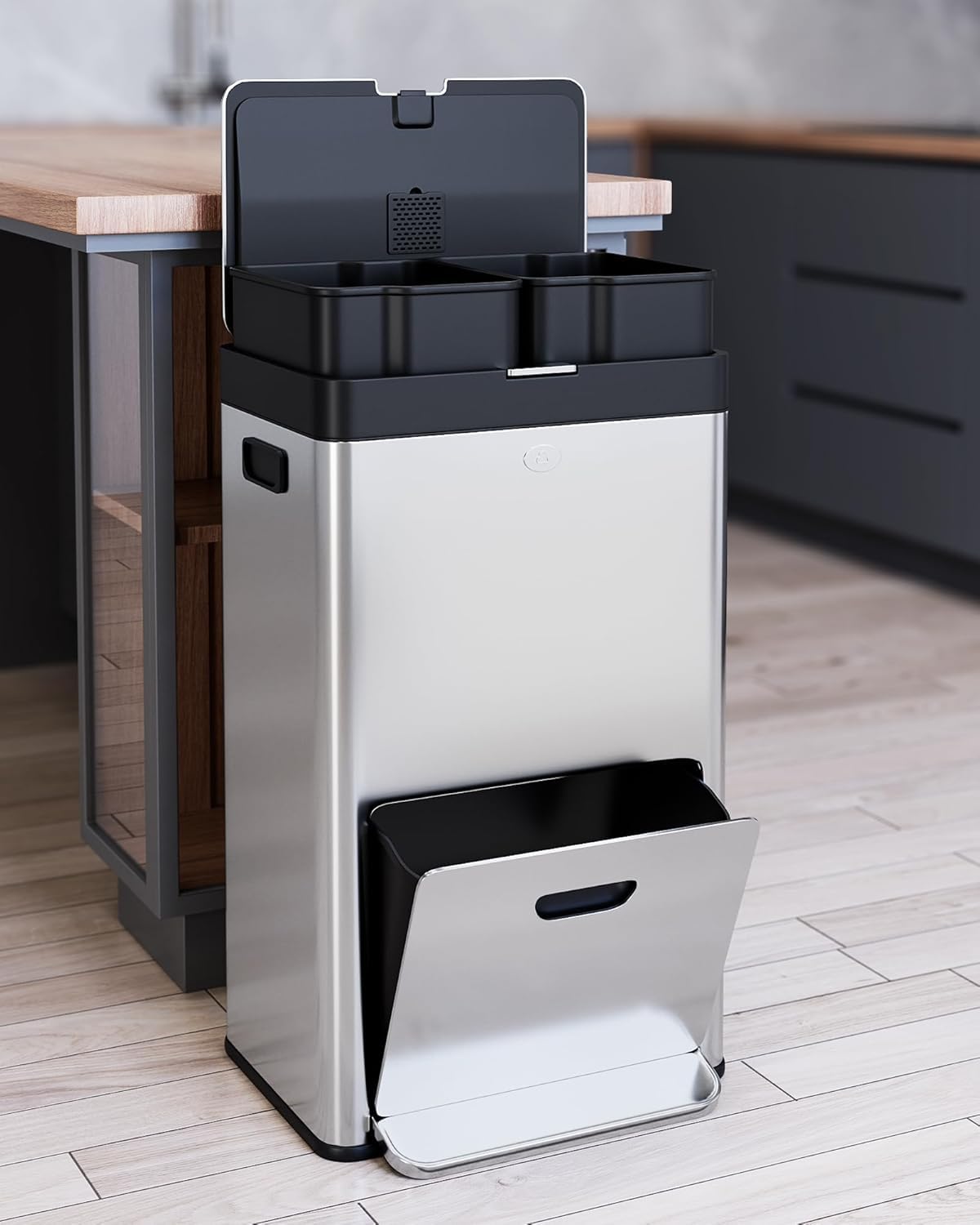 GarveeHome 56L/14.8 Gal 3-Compartment Pedal Trash Can - Stainless Steel Recycling Bin with Removable Buckets for Kitchen, School, Hospital