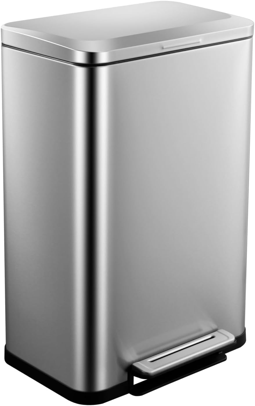 13 Gallon / 50L Kitchen Trash Can, Stainless Steel Rectangular Pedal Recycle Bin, Hands-Free Step Garbage Can, Fingerprint-Proof, Removable Inner Bucket, Soft-Close Lid, Bathroom Rubbish Bin