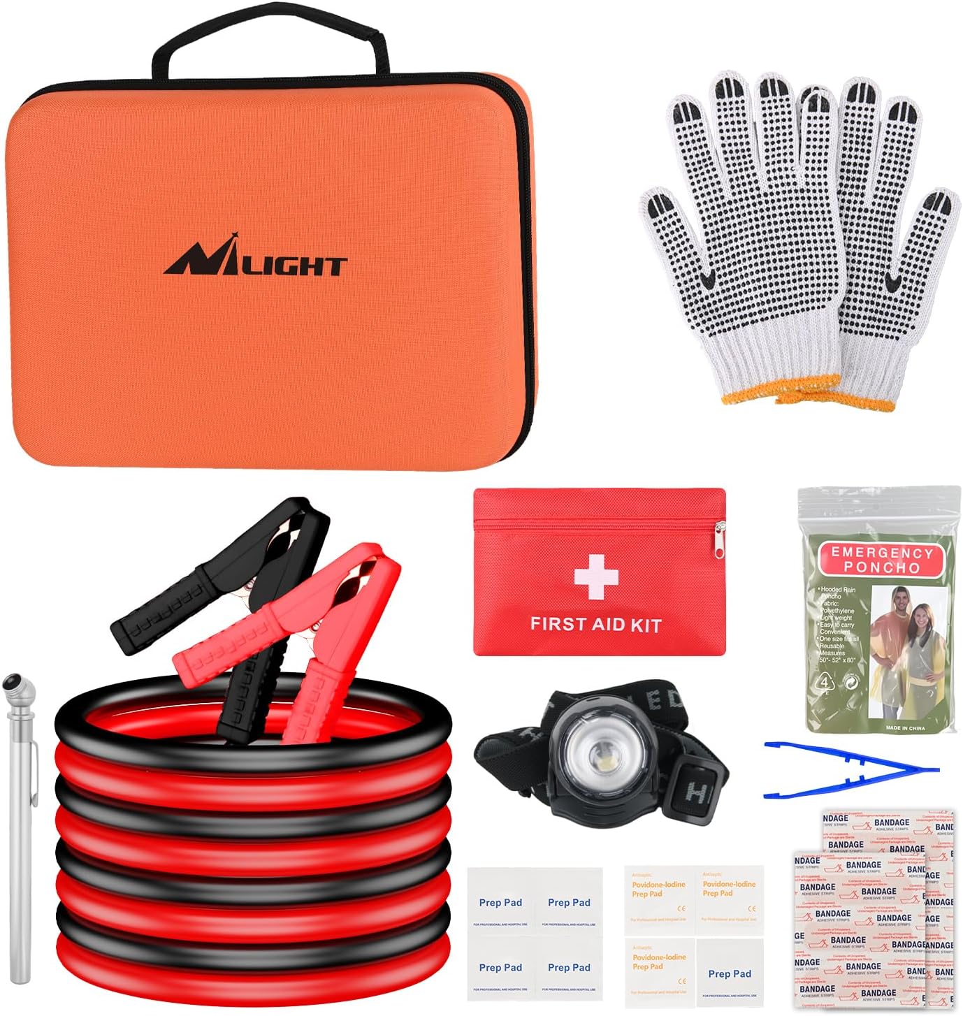 Nilight Car Emergency Kit with Jumper Cable First Aid Kit Tire Pressure Gauge,Roadside Safety Assistance Essential Tools Battery Clamp Alligator for Travel Camping Outdoor Cars Truck SUV RV