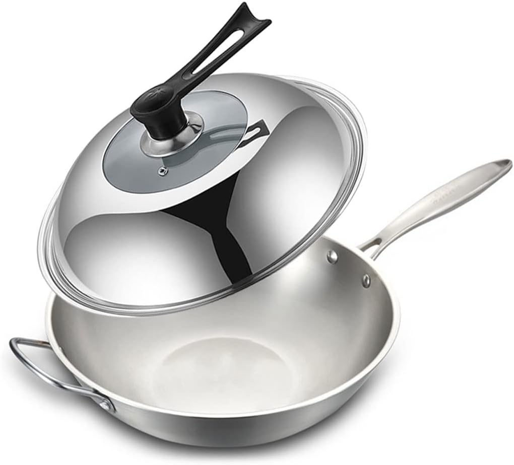 Kitchen Frying Pan Stainless Steel Wok Uncoated Non-stick Induction Compatible Suitable For Gas Stove and induction Cooker