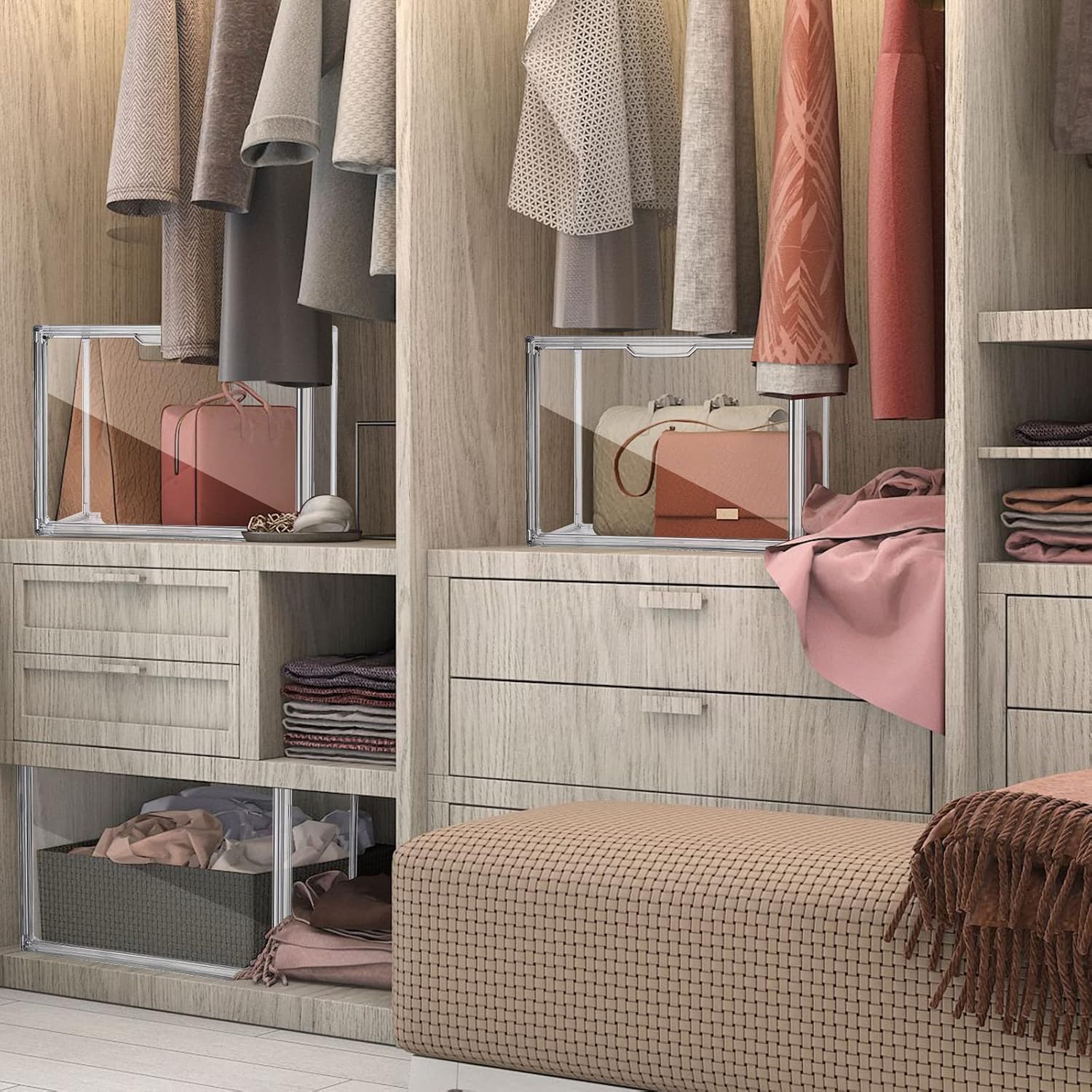 Geetery 8 Pack Purse Organizer for Closet Clear Large Acrylic Display Case for Handbag Purse Storage Box with Magnetic Door Plastic Stackable Storage Bin for Collectibles Book Figure Backpack Toy