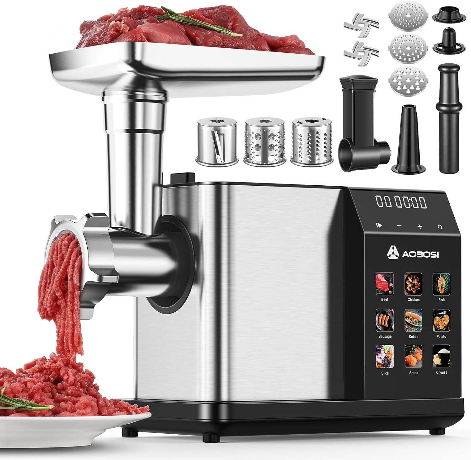 AAOBOSI Meat Grinder Electric 3000W Max with Touch Color Screen, Auto-Reverse & Built-in Storage - 3 Speed Settings,Grinding, Sausage & Kibbe Making for Home Use, Stainless Steel