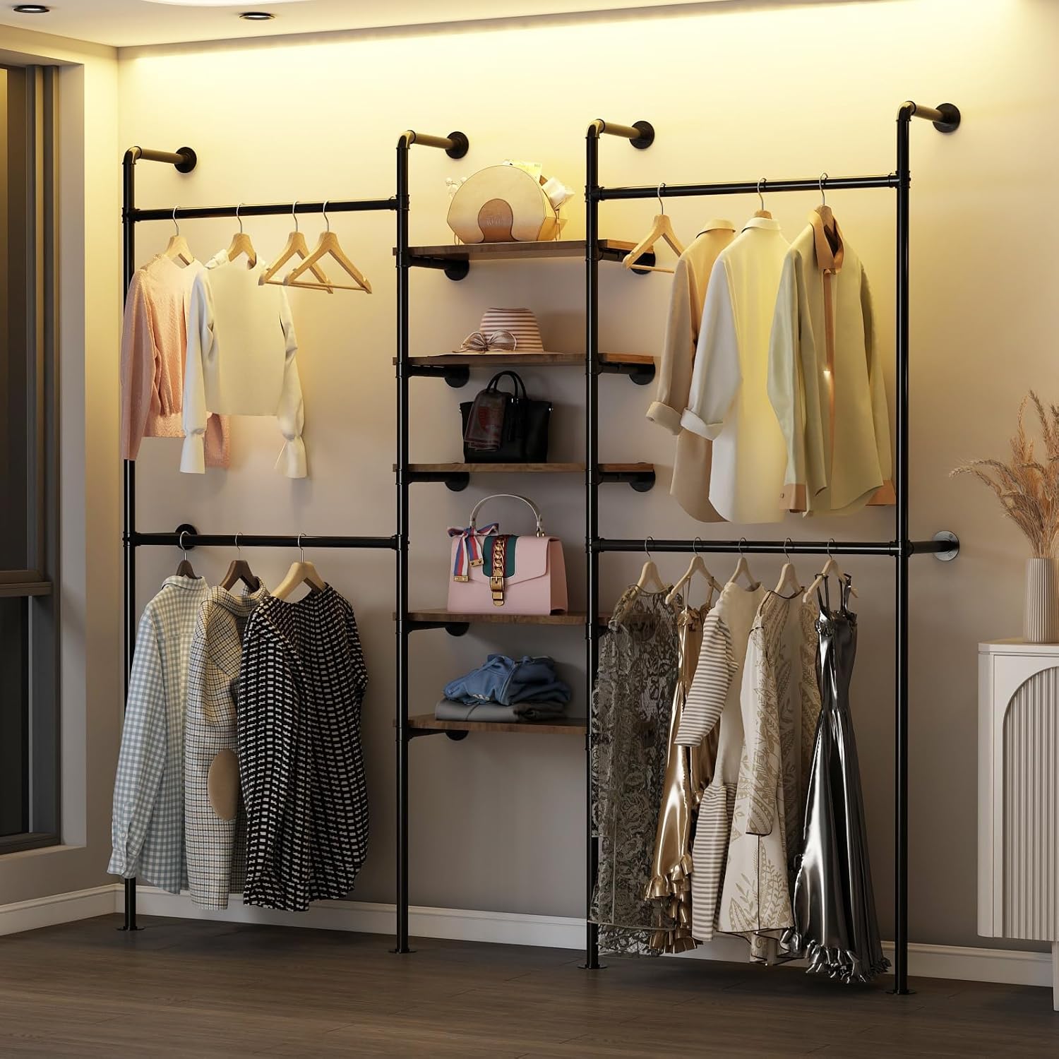 Industrial Pipe Clothing Racks with 4 Shelves, Wall Mounted Gold Clothes Rack for Hanging Clothes, Gold Wall Clothing Rack, Heavy Duty Clothes Rack for Walk in Closet, Laundry Room