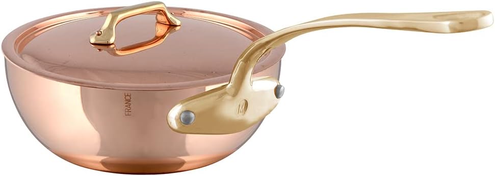 Mauviel M'Heritage 200 B 2mm Polished Copper & Stainless Steel Chef Pan With Lid, And Brass Handles, 2.1-qt, Made in France