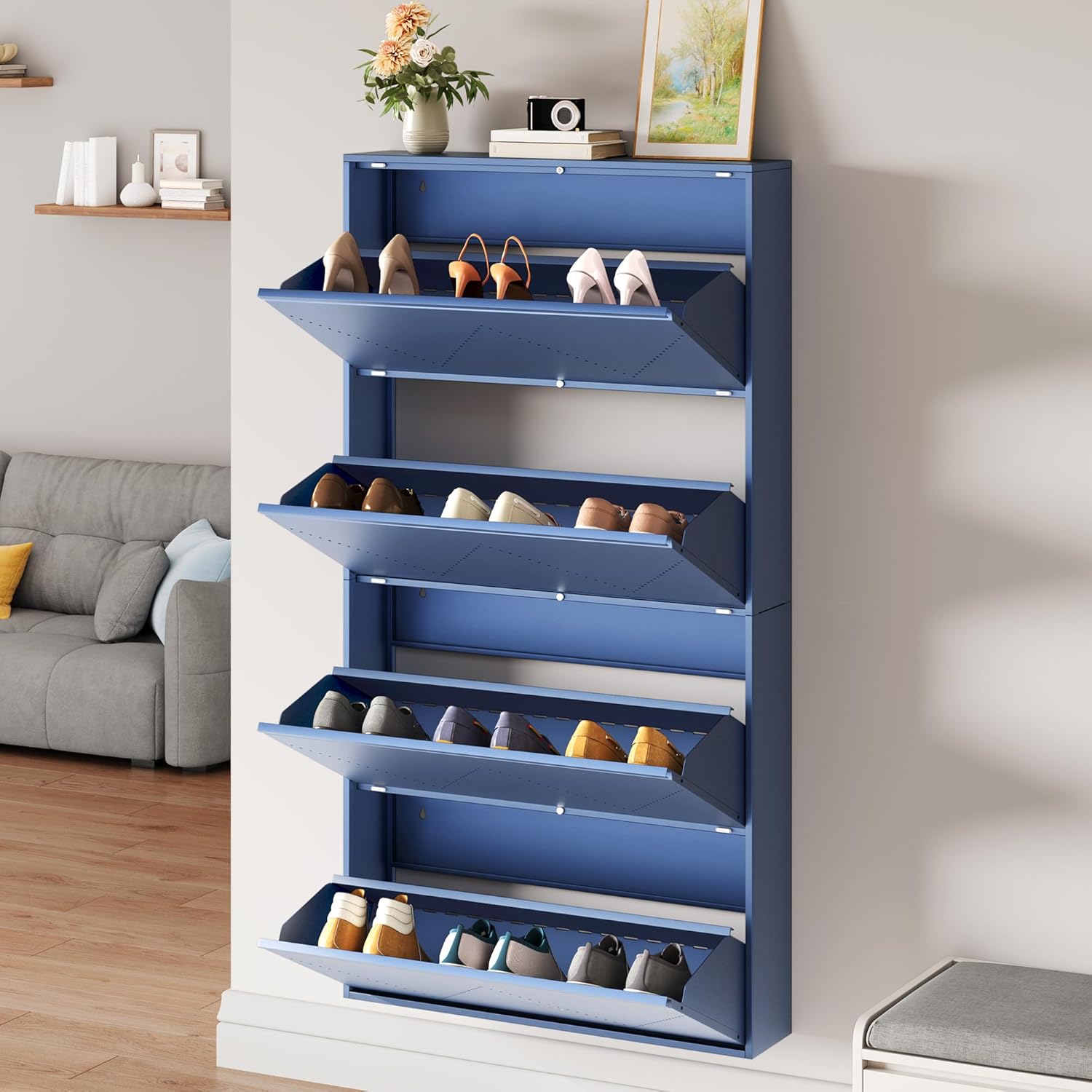 YITAHOME Metal Shoe Cabinet with Coat Rack, Wall Mounted Shoe Cabinet with 3 Flip Drawers, Entrance Hidden Slim Shoe Organizer Cabinet, Shoe Rack Storage Cabinet for Entryways, Hallways, Blue