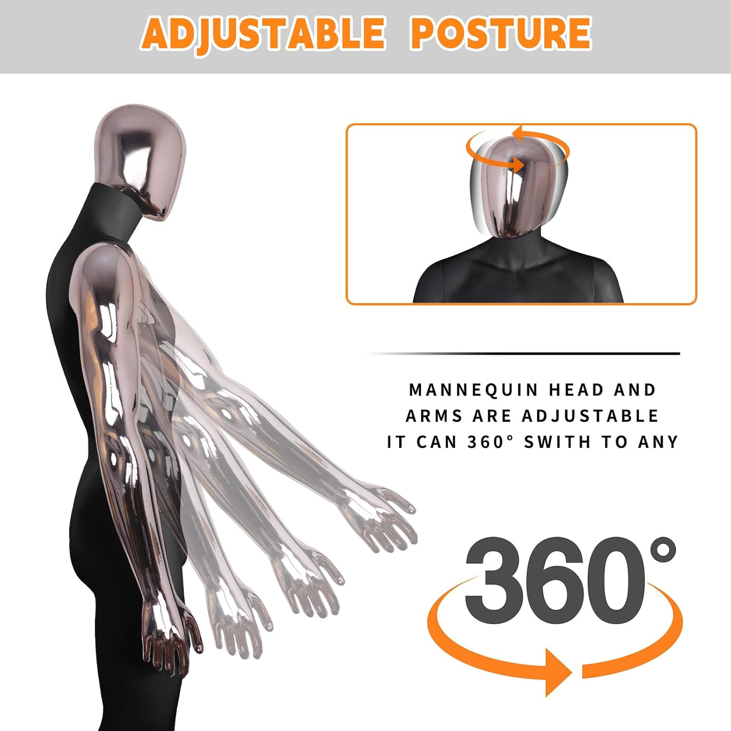 Male Mannequin Black Body Rose Gold Head Gold Hands Dress Form Full Body Sewing Manikin 73 Inch Poseable Mannequin with Stand Realistic Mannequin Clothing Form Metal Base Connector