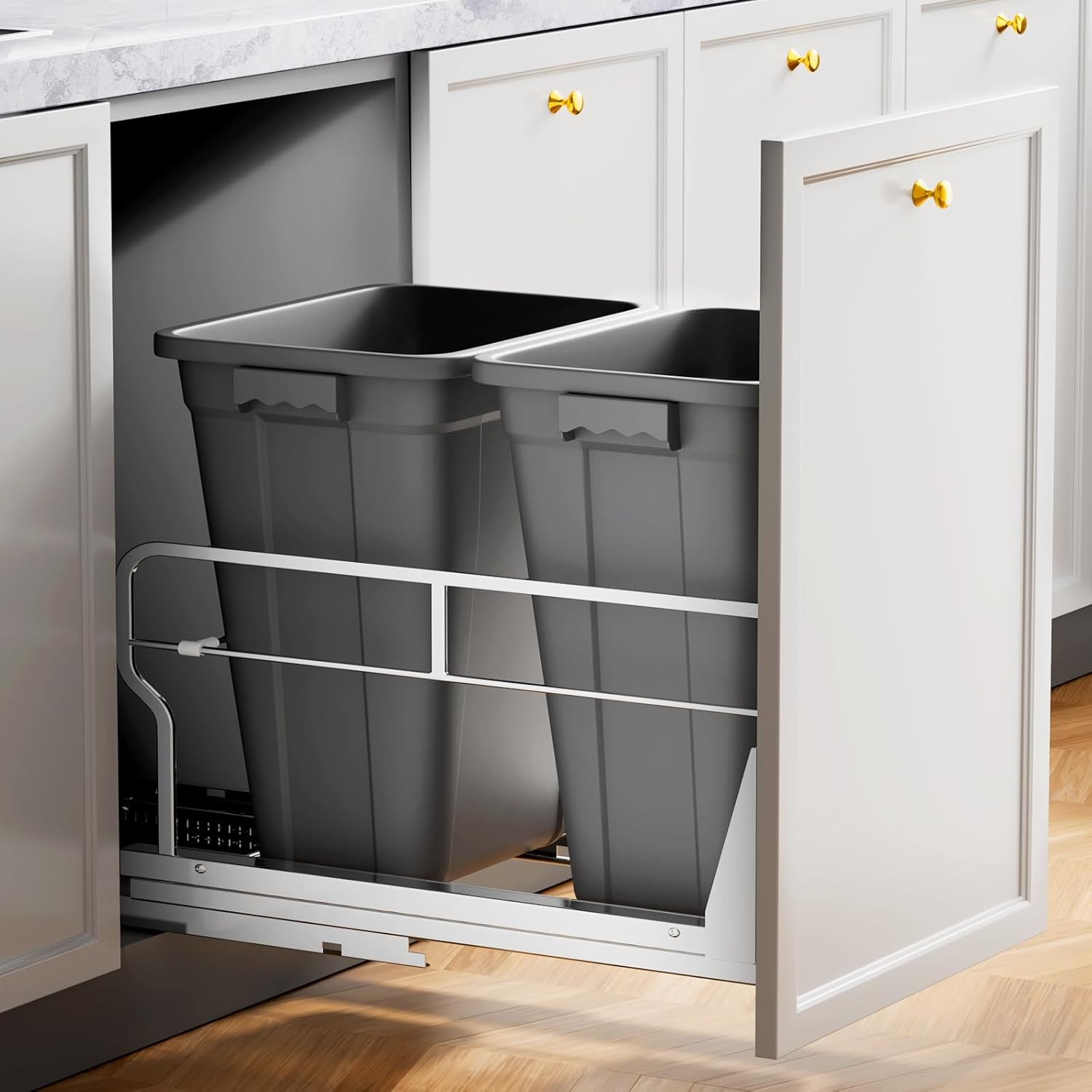 Insputer Double 40QT Pull Out Trash Can Under Cabinet, Heavy Duty Under Sink Garbage Bin Kit with Soft-Close Slides for Kitchen, Laundry, Requires Minimum Cabinets Opening 18