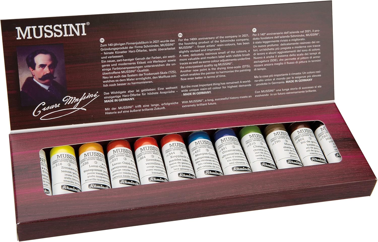 Schmincke - MUSSINI® finest resin oil colors, 12 x 15 ml special size, jubilee box, cardboard set, 70 717 097, resin oil color based on recipes of old masters