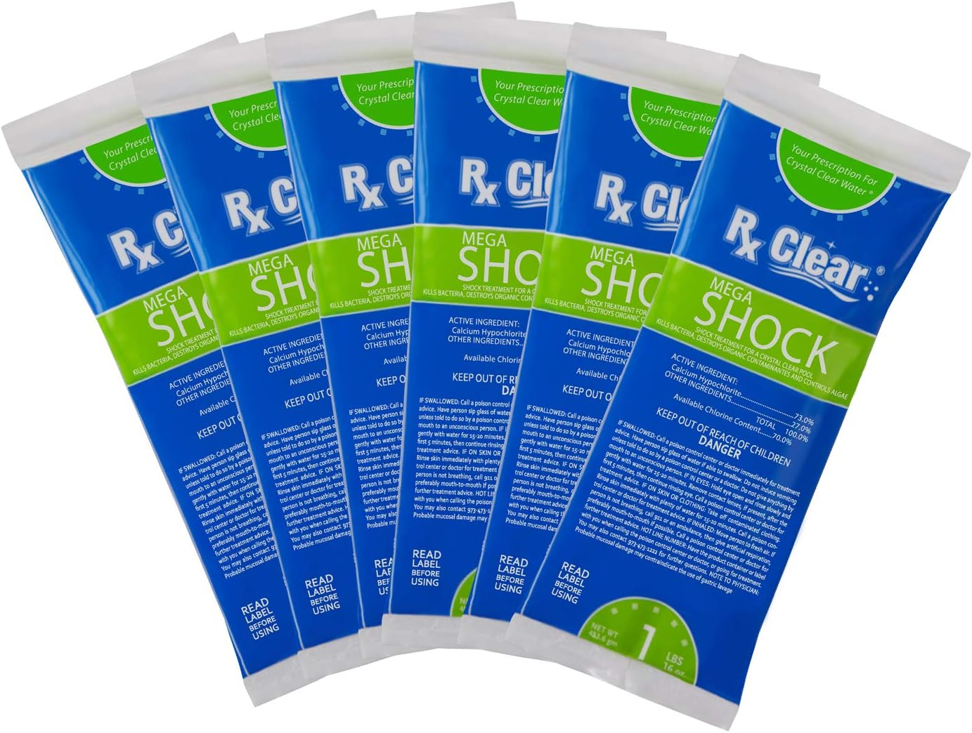 Rx Clear Mega Shock | 73% Calcium Hypochlorite | Kills Algae in Swimming Pools | Works As Pool Sanitizer Clarifier and Algicide | One Pound Bags | 48 Pack