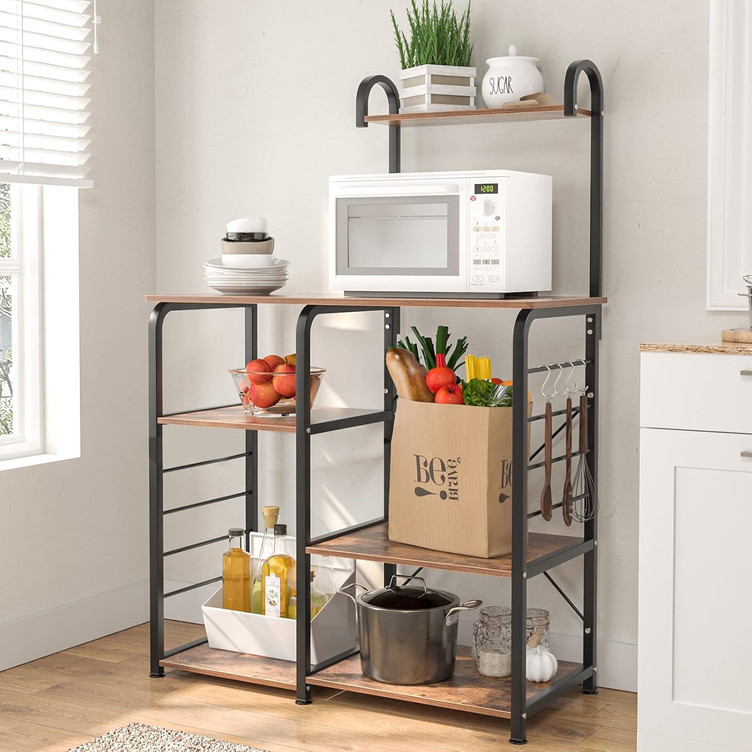 SogesHome 4-Tier Kitchen Baker's Rack Utility Microwave Oven Stand Storage Cart Workstation Shelf, Vintage Brown