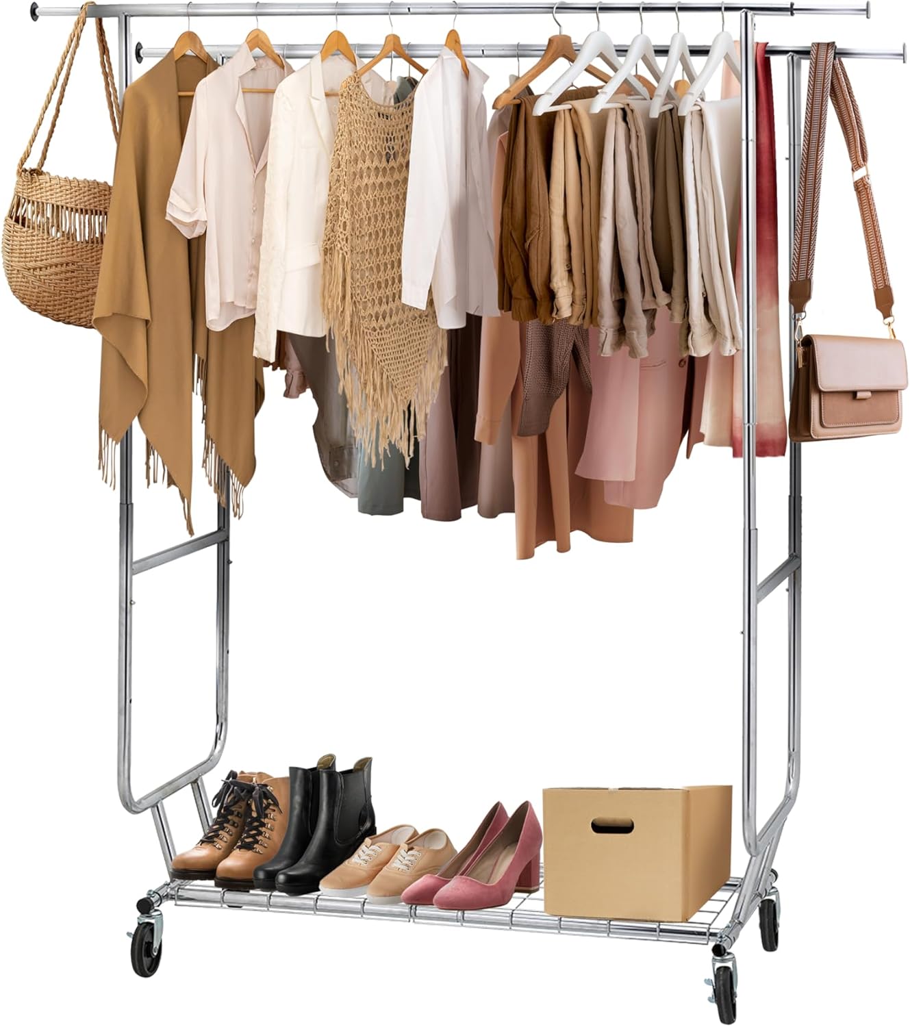 ikloo Double Rods Adjustable Clothes Rack Load 650 LBS, Heavy Duty Metal Clothing Rack with Wheels & Shelves, Portable Closet Organizer for hanging clothes, Rolling Clothes Drying Rack, Chrome