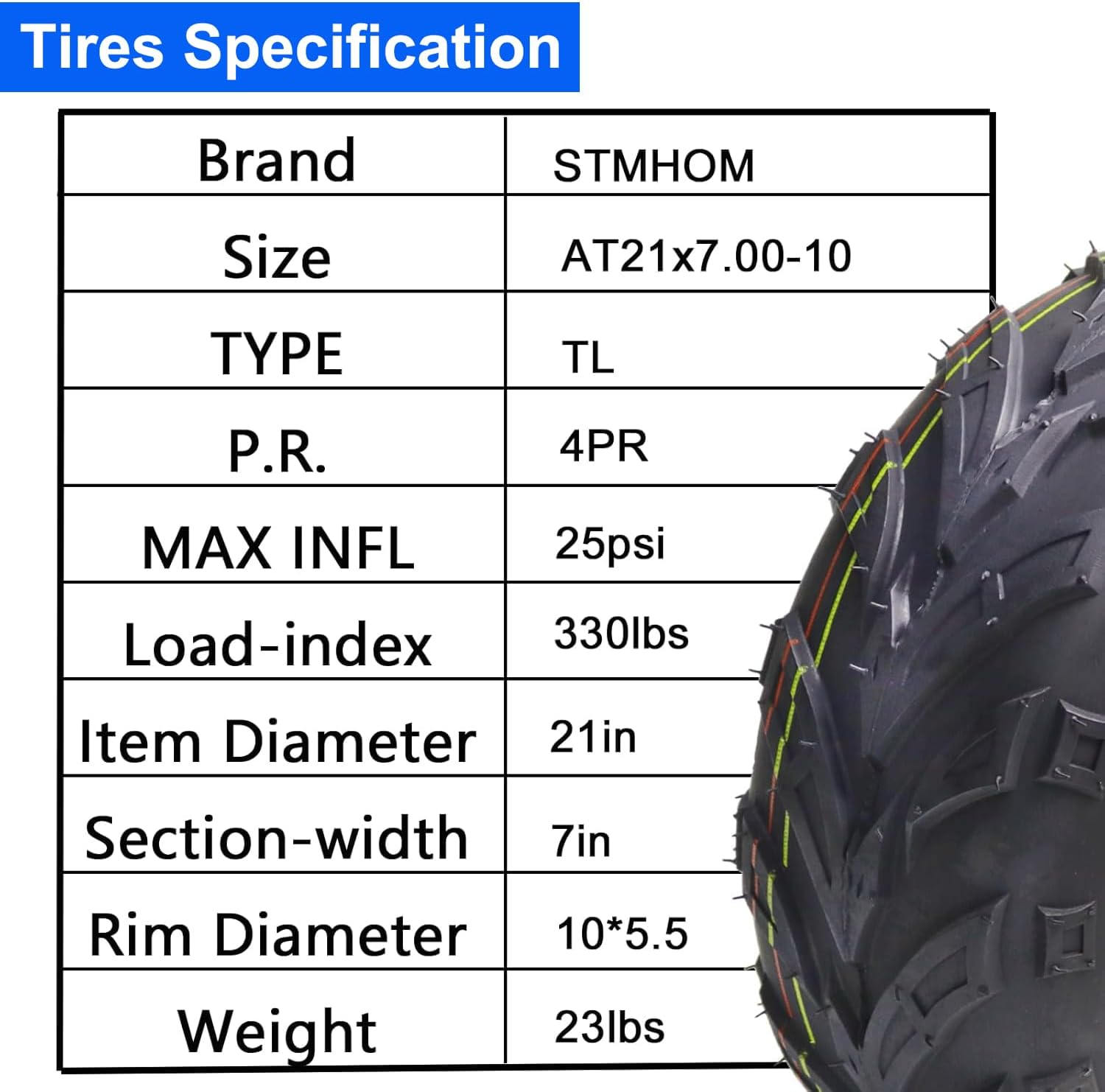 21X7-10 ATV UTV All-Terrain Tires, 21x7x10 ATV Tires, Trail Sand Mud Off-Road Tire, 4Ply Tubeless, Set of 2