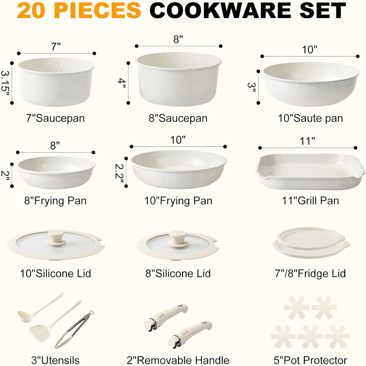 20 Pcs Pots and Pans Set Non Stick, Ceramic Cookware Set Detachable Handle, RV Kitchen Cooking Set Removable Handles, Oven Safe, Induction ReadyStackable Non-stick set Cream White