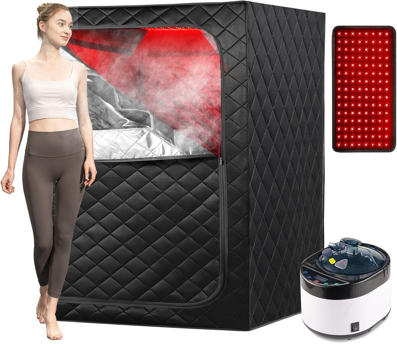 Portable Infrared Saunas for Home, One Person Steam Sauna, Full Body Steam Tent for Relaxation,2 Person Steam Saunas Box with 660nm Red Light Therapy, 4L&1500W Sauna Steamer, Folding Chair