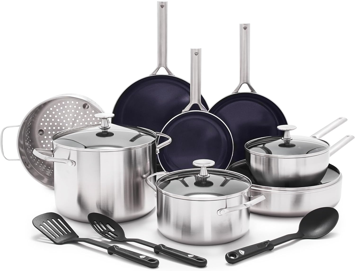 Blue Diamond Cookware Tri-Ply Stainless Steel Ceramic Nonstick, 6 Piece Cookware Pots and Pans Set, PFAS-Free, Multi Clad, Induction, Dishwasher Safe, Oven Safe, Silver