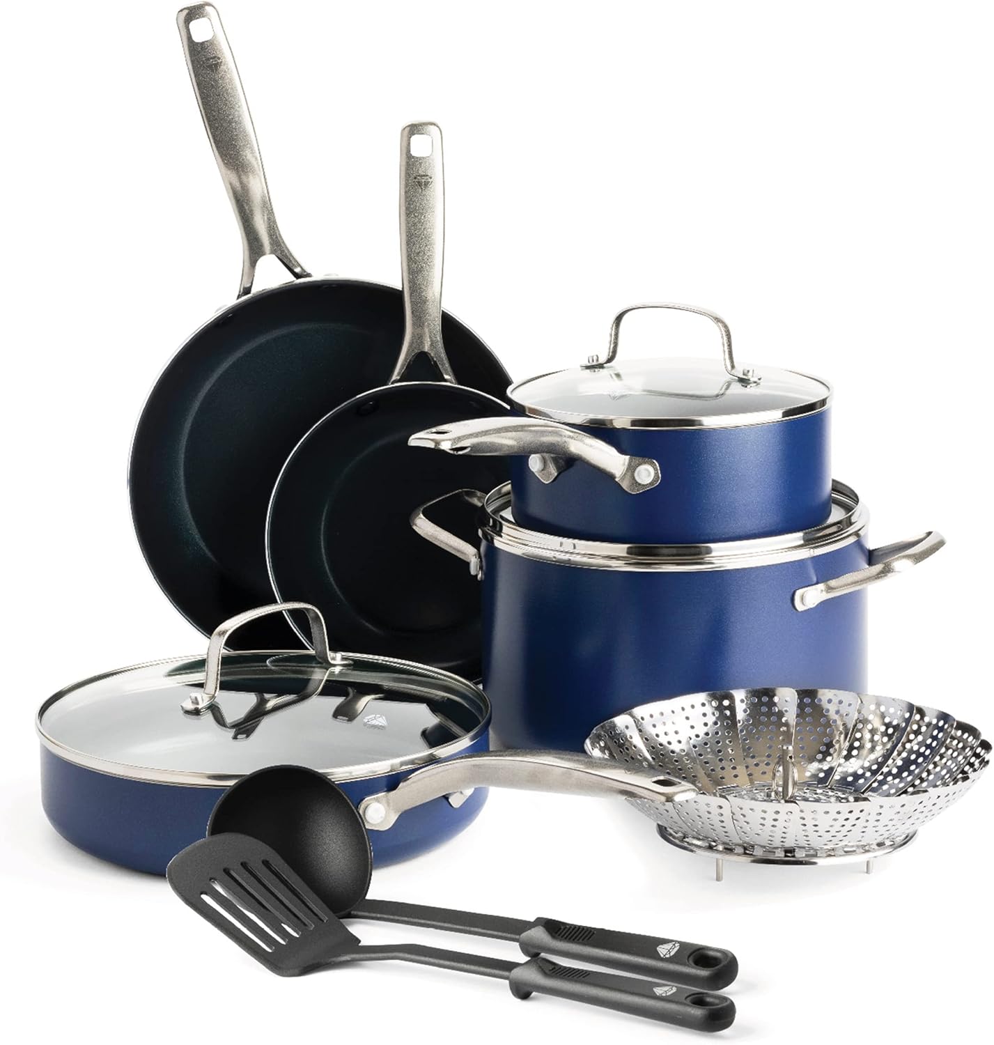 Blue Diamond 9 Piece Nonstick Cookware Set, Diamond Ceramic Pots & Pans, Dishwasher & Metal Utensil Safe, Non Toxic PFAS-Free, Kitchen Cooking Sauce & Saute Pans, Oven & Broiler to 600F, Blue