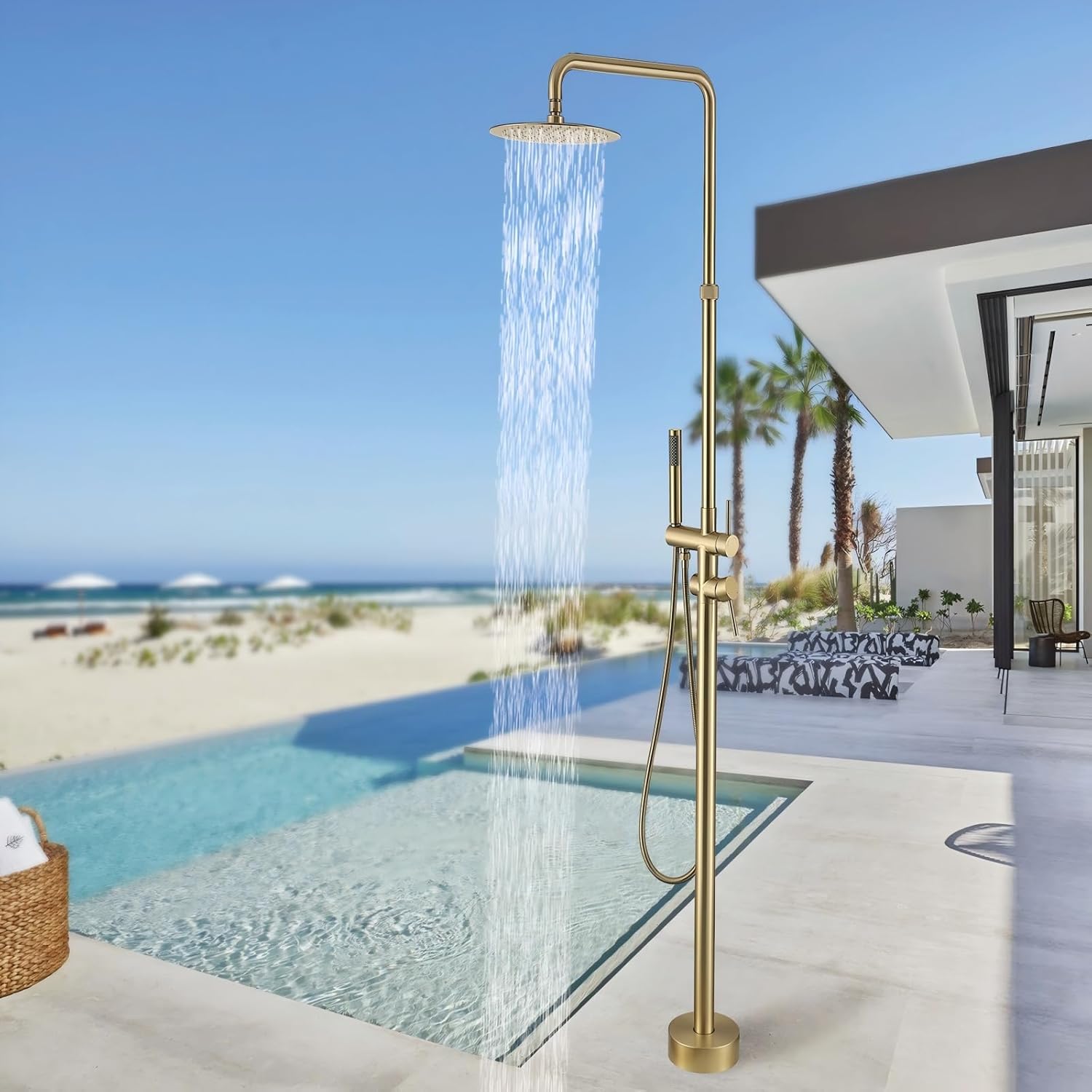 RBROHANT Freestanding Outdoor Shower Black, Height Adjustable Outside Showers for Backyard Garden Pool Beach, Outdoor Shower Fixtures with 10” Rain Shower Head and Handheld, Matte Black, JK0316