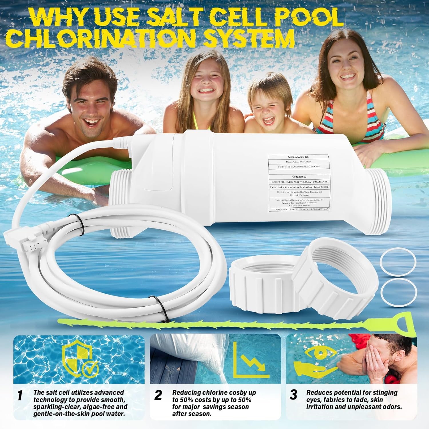 Salt Water Pool Chlorinator System GLX-Cell-5 Suitable for Pools Up to 20000 Gallons Compatible for Hayward W3T-Cell-5, T-CELL-5-SWP, T-Cell 5