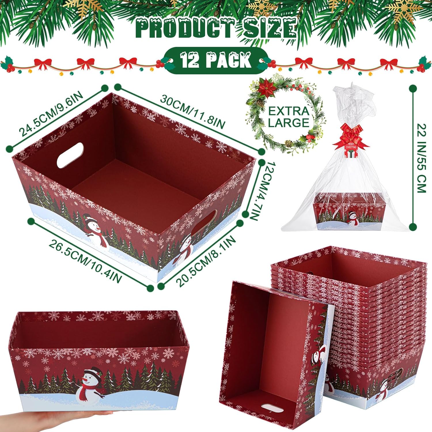 Cholemy 24 Sets 12 x 10 in Extra Large Christmas Basket for Gift Empty Red Snowman Gift Basket Kit Bulk Empty to Fill with Handles DIY Cardboard for Christmas Package Wrapping