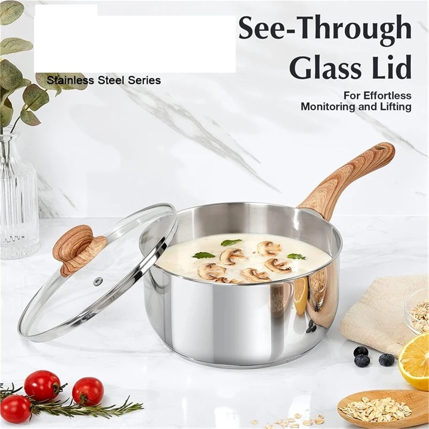 Stainless Steel Milk Pot Stainless Steel Saucepan With Lid 1QT/2QT/3QT Milk Pot With Heat-resistant Bakelite Handle Sauce Pans Induction(1QT-2QT-3QT)