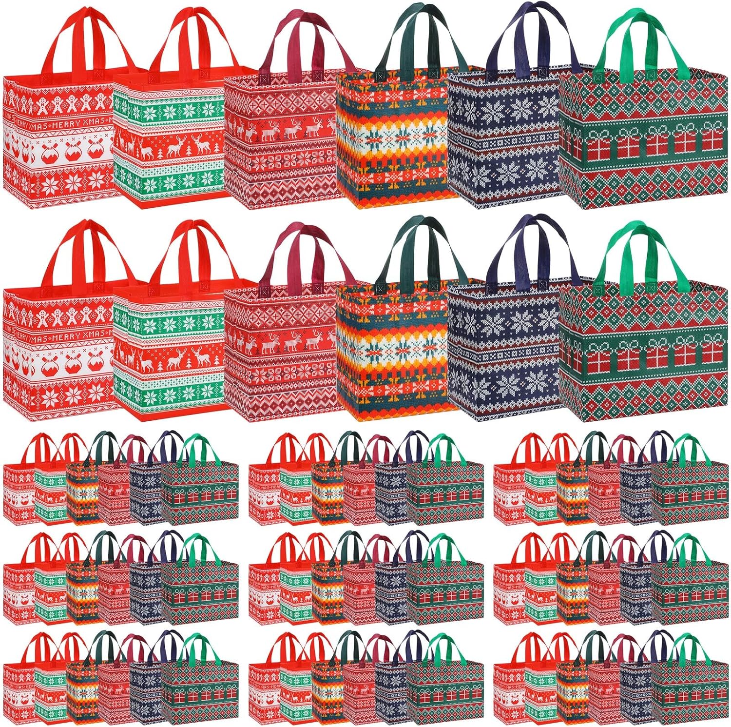 Sanwuta 180 Pcs Ugly Sweater Christmas Bags for Gifts Large Christmas Tote Bags Reusable Non Woven Treat Pockets 12.8 x 9.8 x 6.7 in