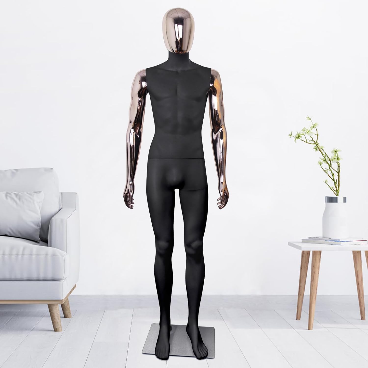 Male Mannequin Black Body Rose Gold Head Gold Hands Dress Form Full Body Sewing Manikin 73 Inch Poseable Mannequin with Stand Realistic Mannequin Clothing Form Metal Base Connector