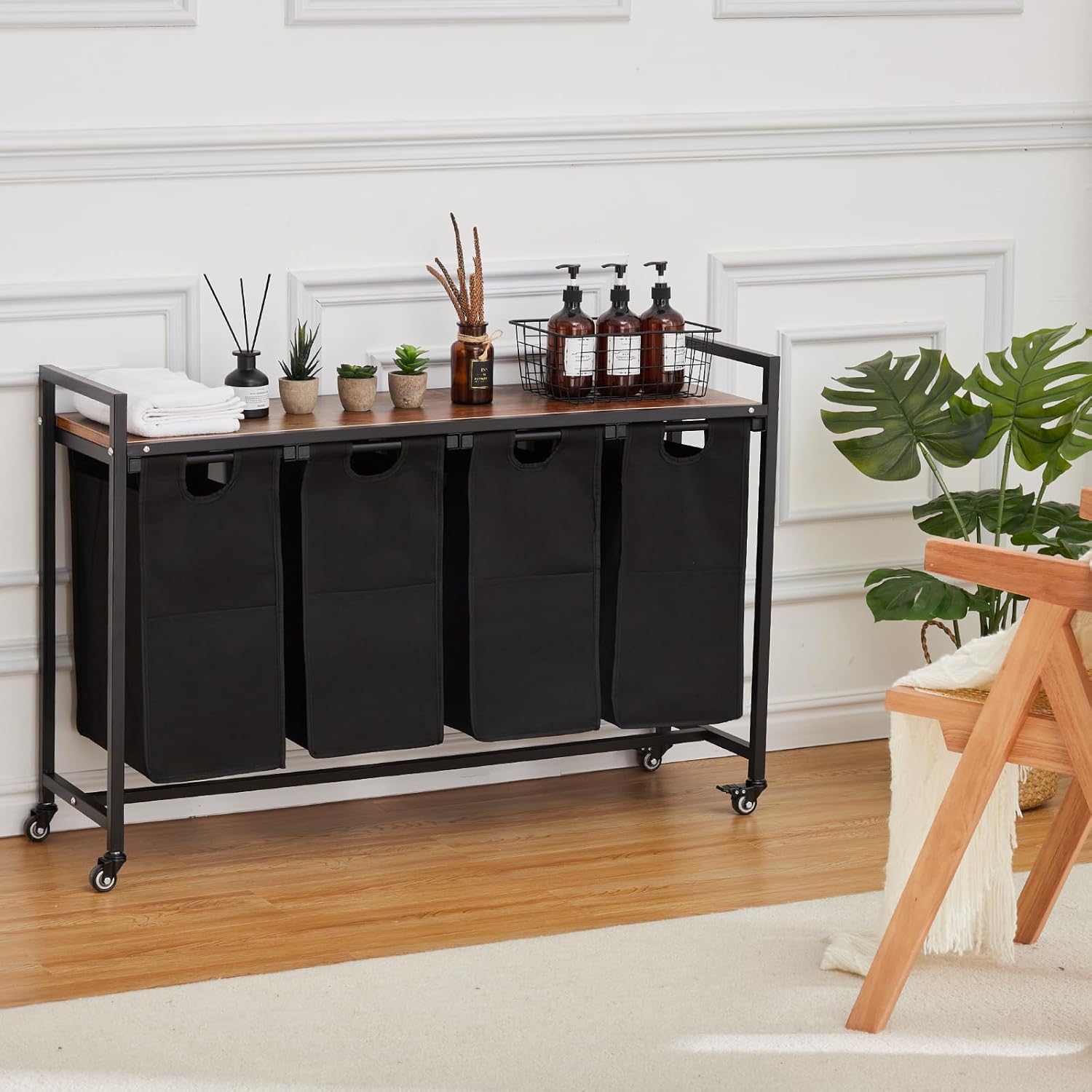 Laundry Hamper, Laundry Basket Organizer Laundry Sorter With 4 Pull-Out and Removable Bags, Wheels and Top Shelf, Dirty Clothes Hamper for Laundry Room Bathroom Bedroom and Dorm