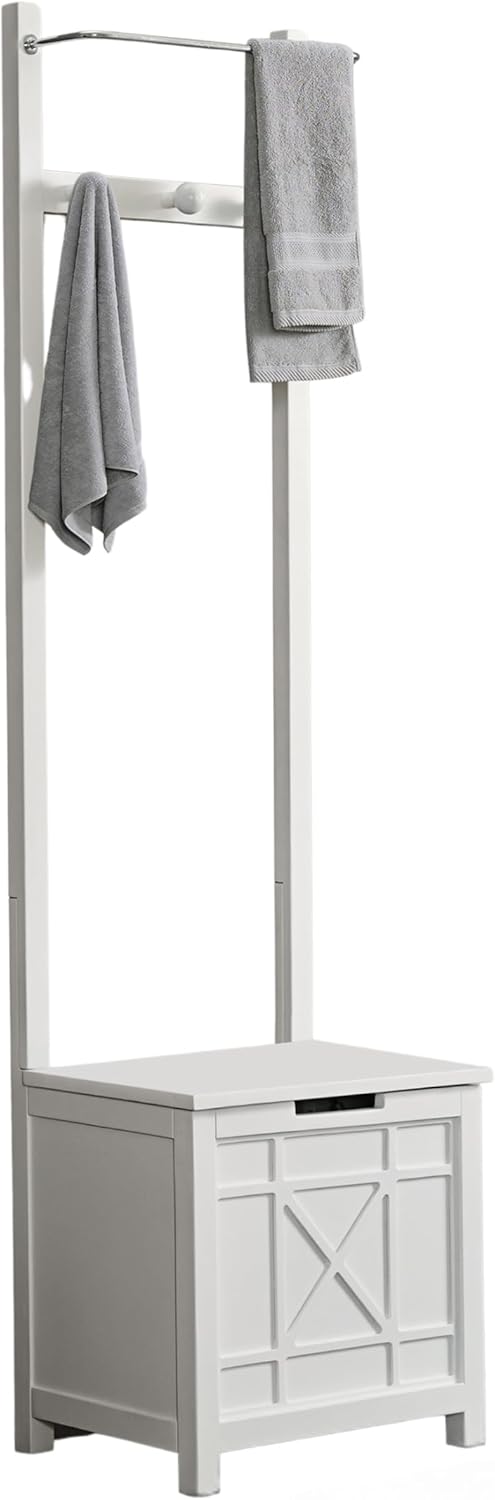 Derby Laundry Hamper with Seat & Towel Rack – Storage Stool for Entryway, Laundry Room, or Bathroom by Alaterre Furniture (White)