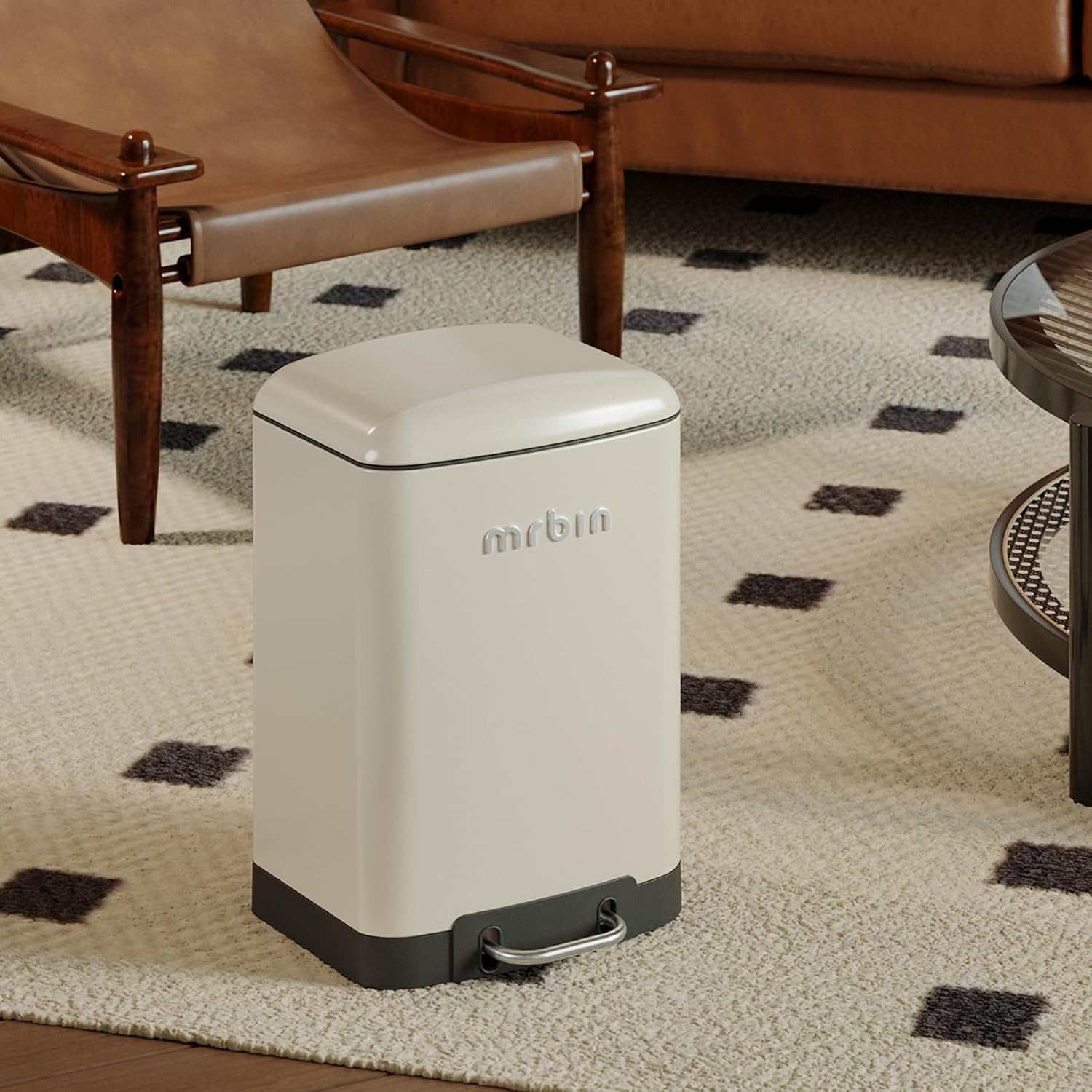 MRBIN Metal Kitchen Trash Can with Lid, 30L / 7.9gal Commercial Step Waste Basket for Bathroom, Medium Office Garbage Pail with Stainless Steel Foot Pedal for Near Desk, Bedroom, Rv, White