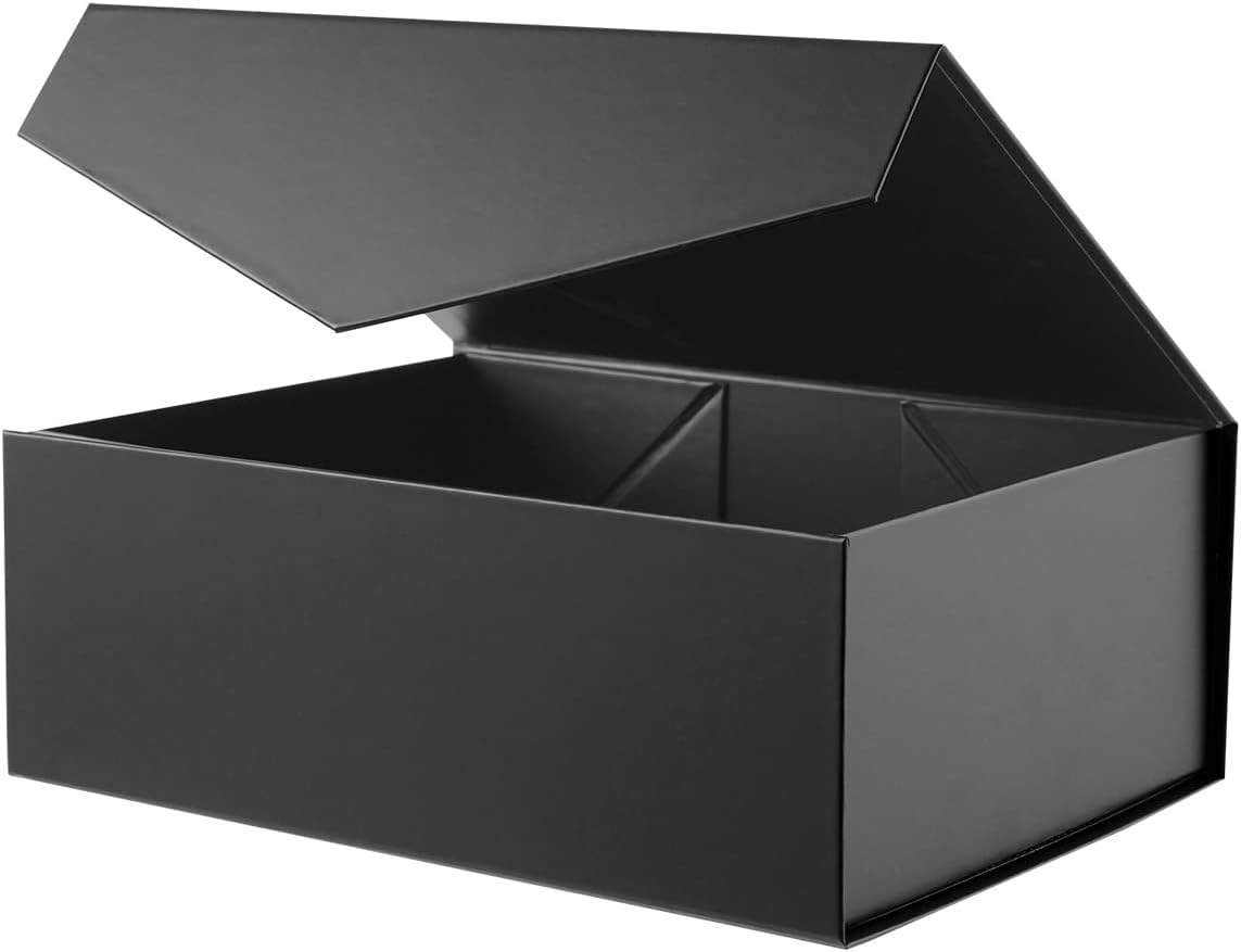 BLK&WH 5 Extra Large Gift Boxes 17x11x4 Inches, Black Gift Boxes with Magnetic Closure Lid, Sturdy Shirt Boxes, Rectangle Collapsible Boxes for Clothes (Glossy Black with Grass Texture)