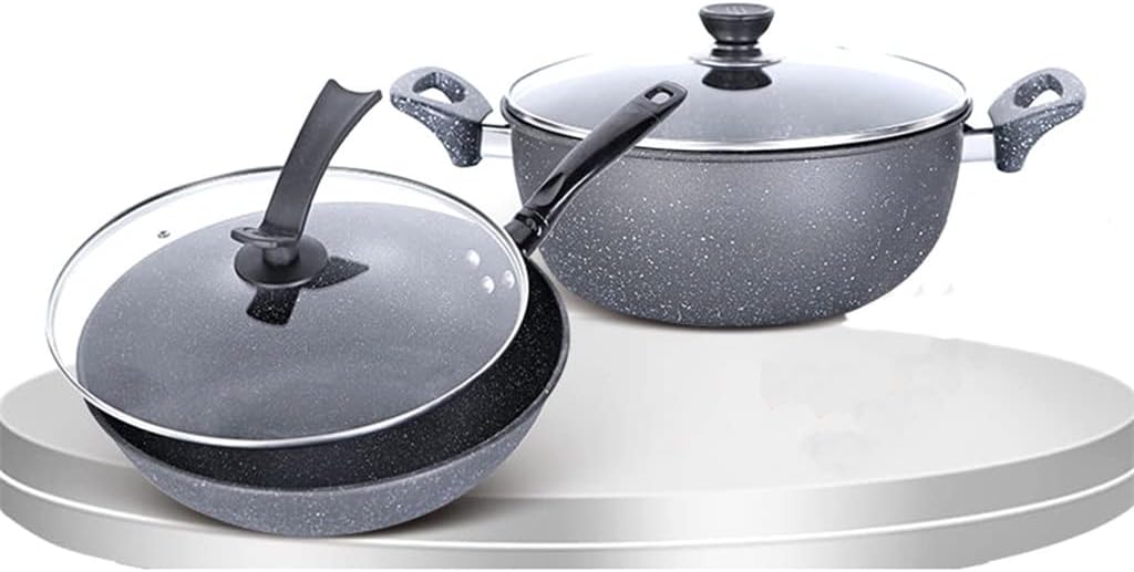Light Grey Cookware Set Soup Pot Set Frying Pan Milk Pot Cooking Pot Pan Non-Stick Pan Set Frying Pan(E)