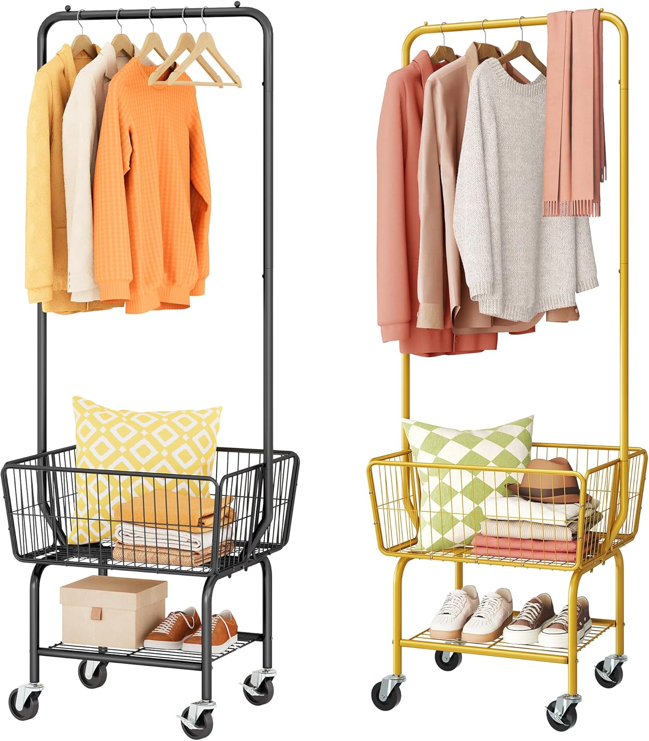 Black Laundry Cart with Hanging Rack Plus Gold Metal Laundry Cart