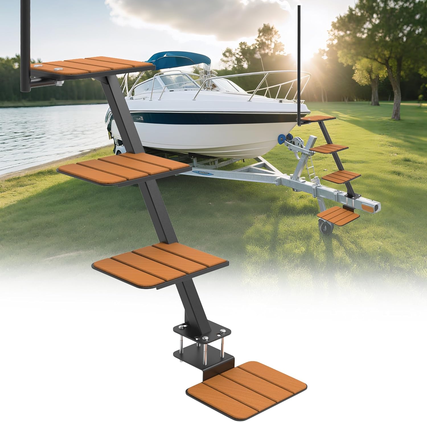 Boat Trailer Steps with Safety Handle - Heavy Duty Non-Slip Steps for Bass, Pontoon & Jon Boats - Easy Boarding, Adjustable & Secure Fit (with Safety Handle, Black, 4 Steps)