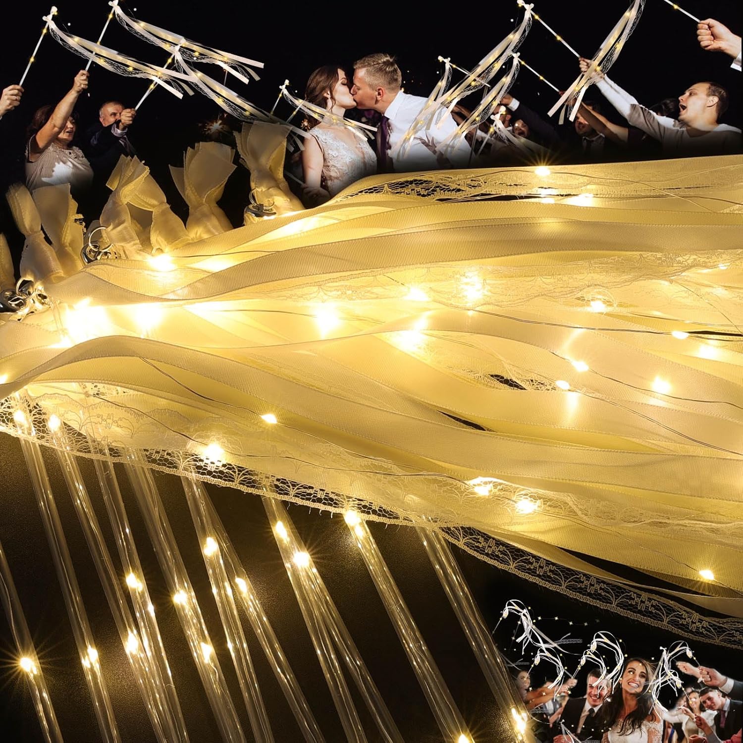 100 Pcs Wedding Wands Ribbon with 3 Colorful Flashing Modes, Light up LED Silk Fairy Wands, Glow Lace Stick with Bells for Wedding Reception, Graduation, New Year, Birthday Party (Warm White)