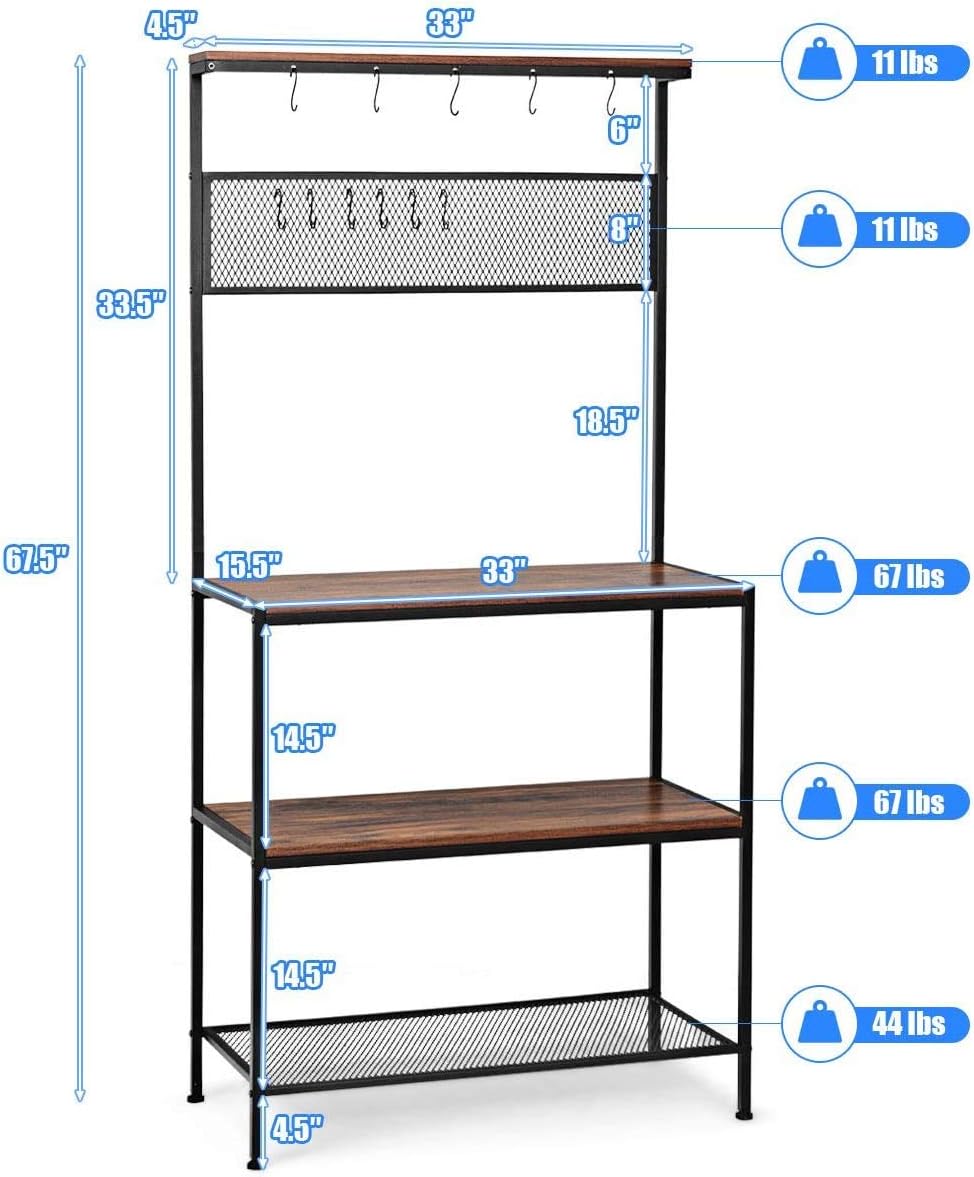 LDAILY 4-Tier Kitchen Baker’s Rack with 11 Hooks and Basket, Industrial Microwave Oven Stand, Utility Storage Organizer Workstation, Organizer Rack for Kitchen, Stable Metal Frame, Easy Assembly