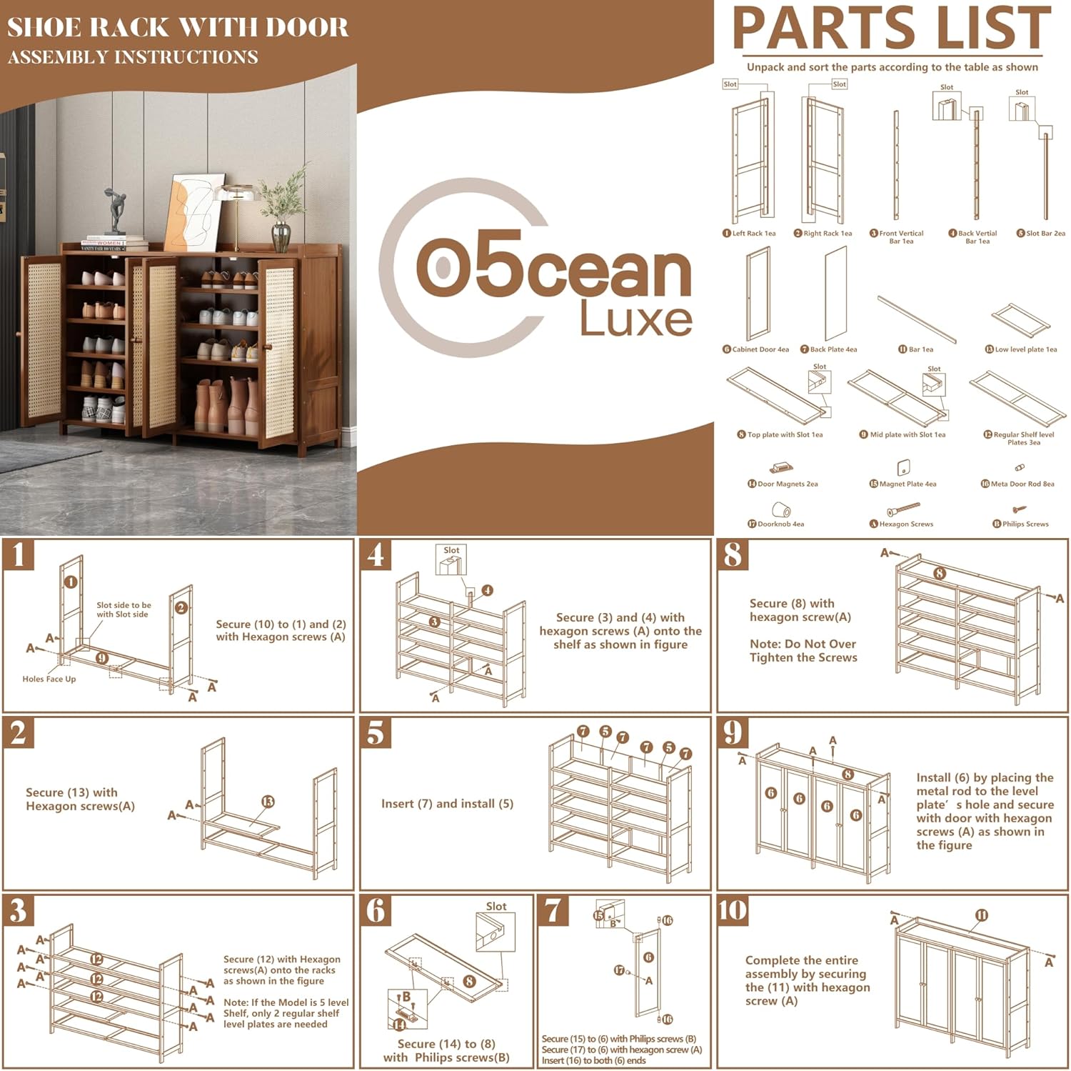 Upgraded Shoe Cabinet,Large Shoe Rack Storage Organizer,Heavy Duty Rattan Shoe Cabinet with Doors and Shelves,6-Tier Bamboo Shoe Rack for Entryway Hallway (47.2