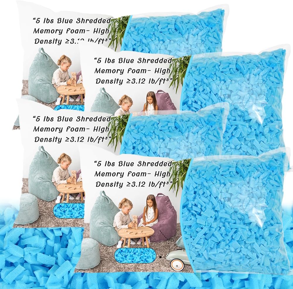 Bean Bag Filler - 20lbs Shredded Memory Foam Filling, High Density ≥3.12 lb/ft³, Blue Pillow Stuffing for Bean Bag Chair, Couch Cushion, Dog Bed, Stuffed Animals, DIY, Non-Toxic & Hypoallergenic