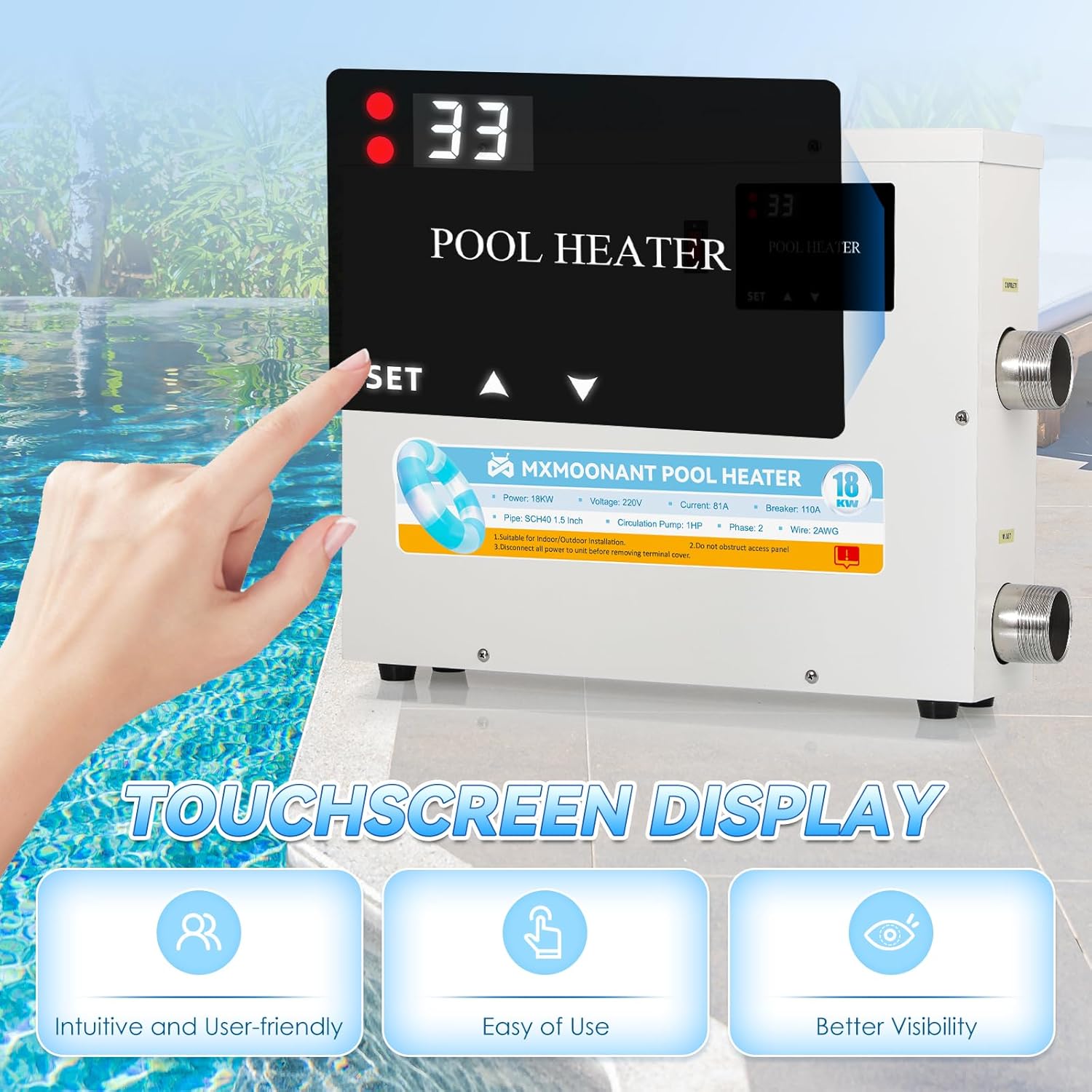 Mxmoonant SPA Heater, 18KW 220V Swimming Pool Heaters Hot Tub Water Thermostat with Touchscreeen for Above Ground Inground Pool, Spa, Bathtub