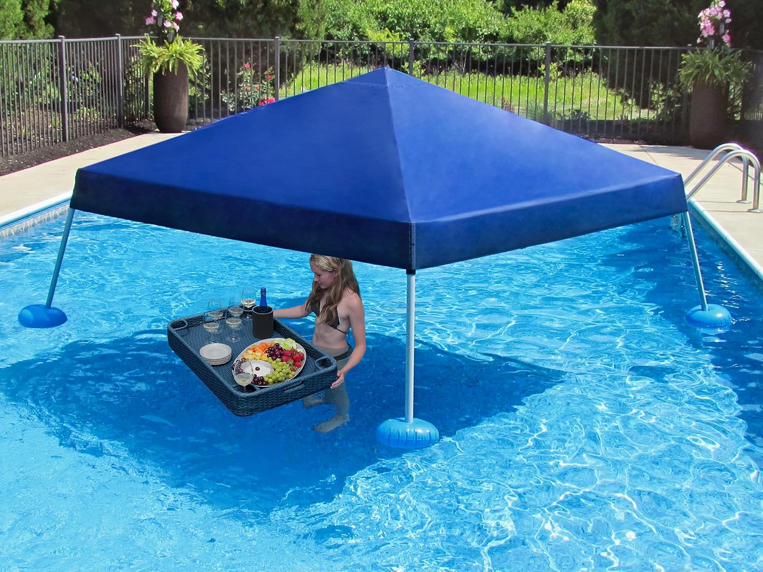 Sunjoy Floating Pool Canopy with Add-on 24x24 in. Wicker Floating Tray, Grey