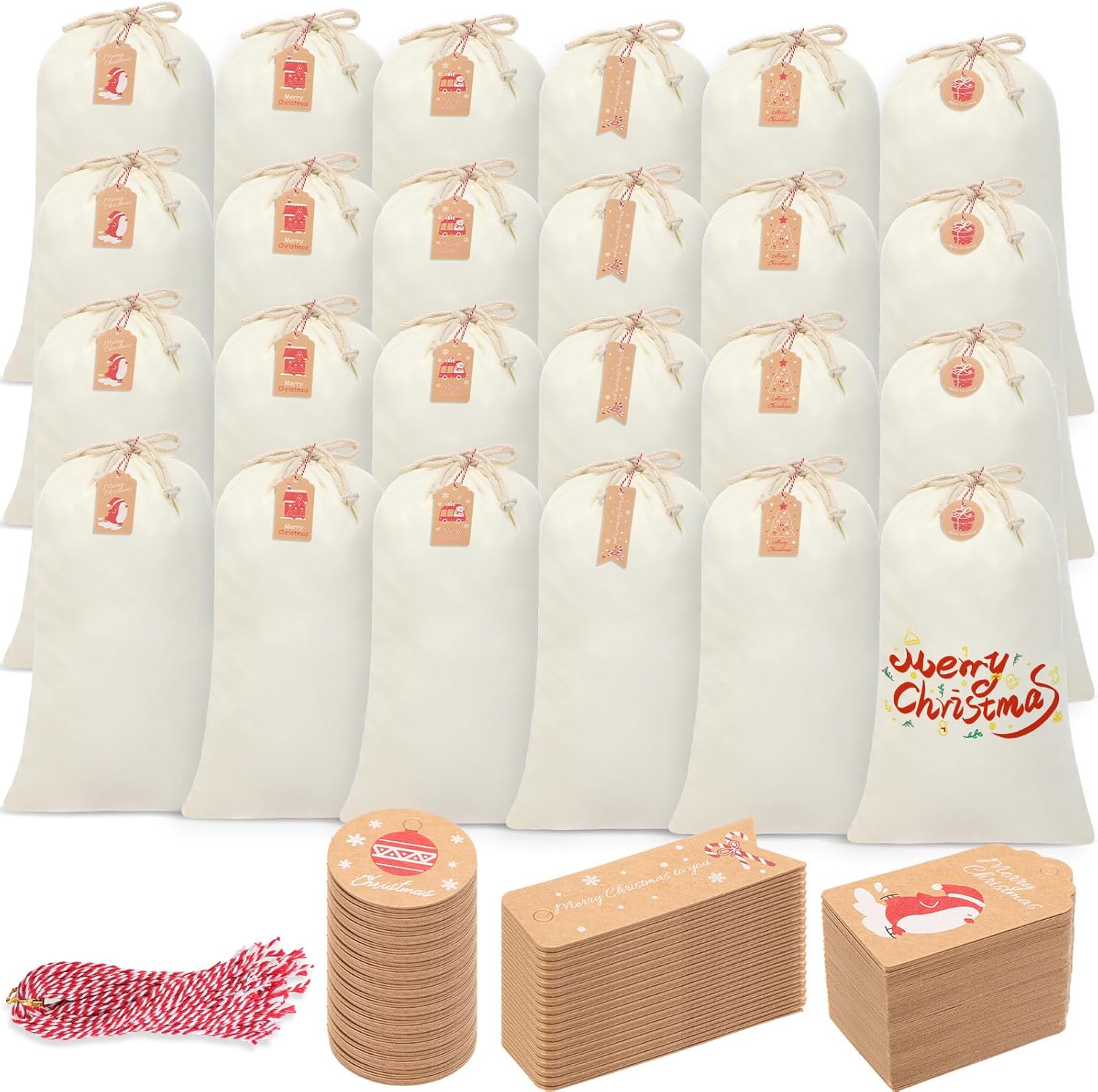 Clysee 24 Pcs Sublimation Blank Christmas Santa Bags Large Christmas Gift Bags Xmas Cheese Cloths Muslin Drawstring with 50 Kraft Paper Tags and Strings for DIY, 26.8 x 18.9 Inch