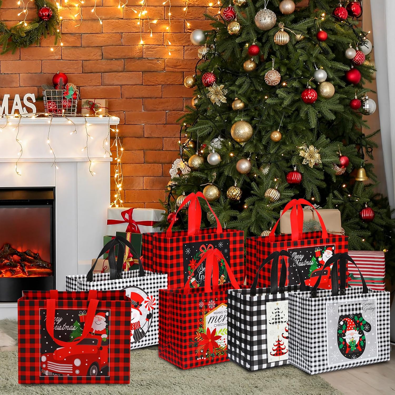 Sanwuta 180 Pcs Christmas Bags for Gifts Large Tote Treat Bags Reusable Non Woven Red White Black Buffalo Plaid Gift with Handles for Xmas Wrapping Shopping Party 12.8 x 9.8 x 6.7 in