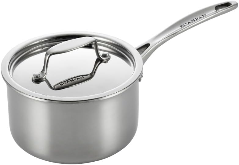 Scanpan Fusion 5 Stainless Steel 2QT Saucepan with Stainless Lid – Aluminum Core, Measuring Units, Drip-Free Rim, 18/10 Steel Interior, Oven Safe 480°F, All Cooktops, Induction, Silver