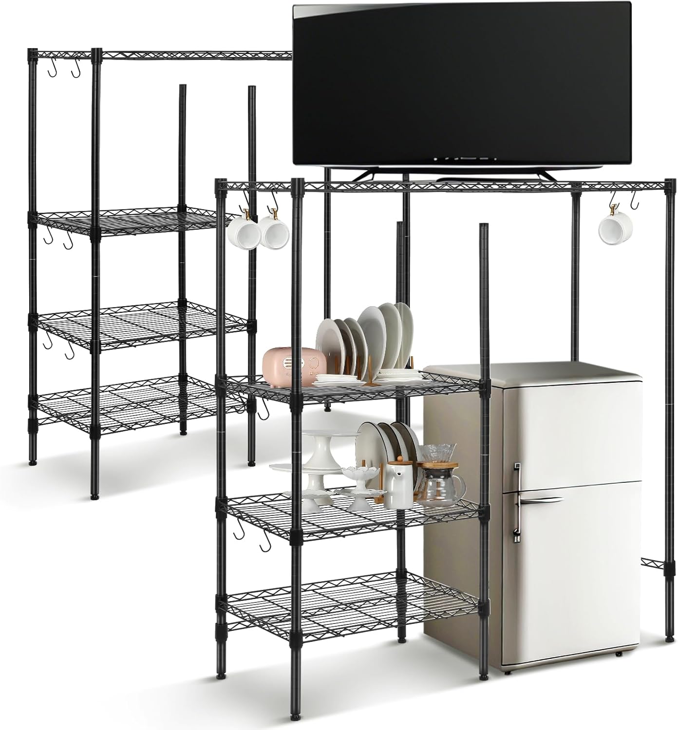 Huwena Mini Fridge Stand with Storage Shelf for Dorm 4 Tier Mini Microwave Stand Baker Rack Adjustable Height over Fridge Storage Organizer with Hook for College Dorm Kitchen Office Coffee Bar (White)