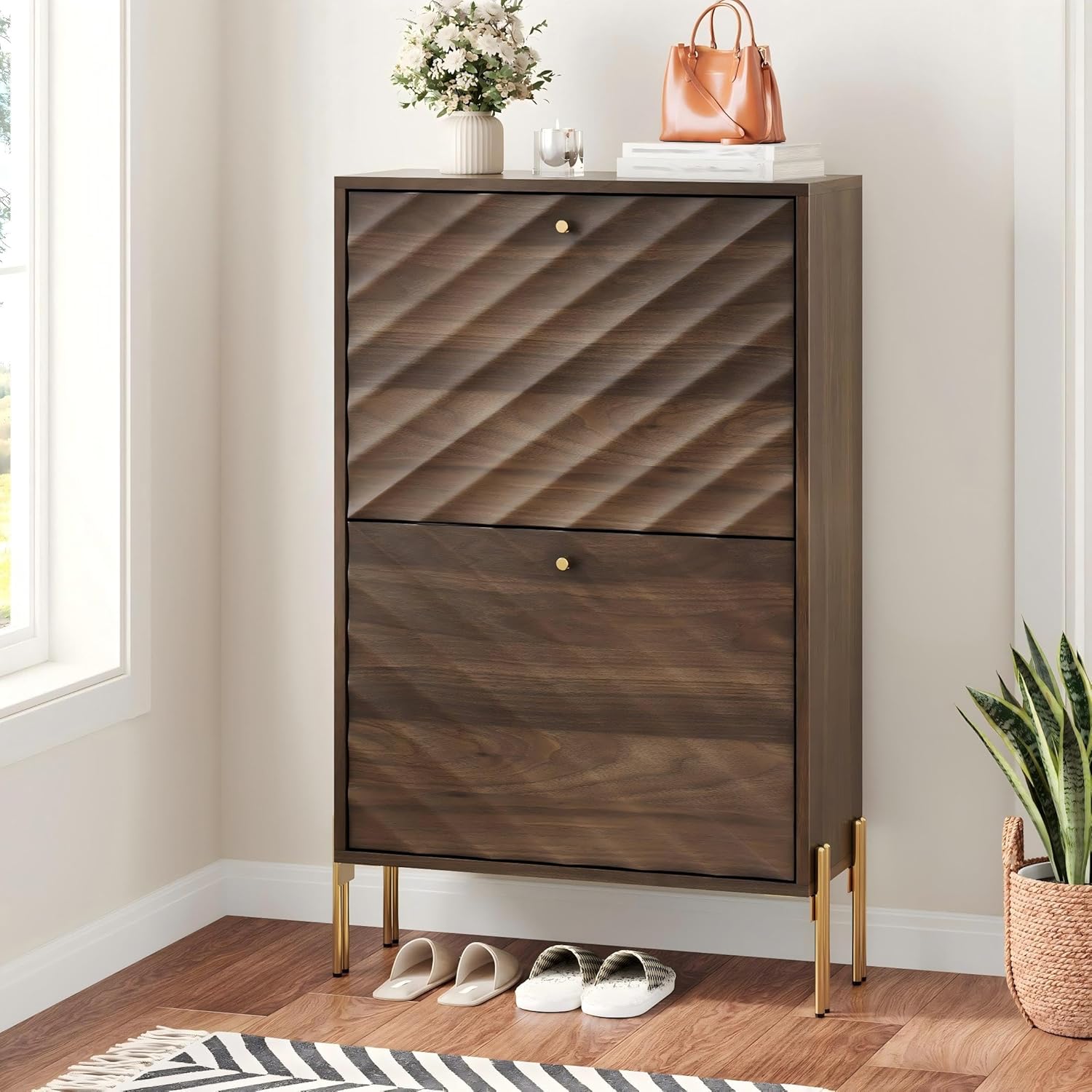 Shoe Storage Cabinet with Textured Diagonal Lines Doors 2 Flip Drawers, Walnut Narrow Shoe Cabinet Storage for Entryway, Freestanding Shoe Organizer Cabinet, Slim Shoe Rack Cabinet