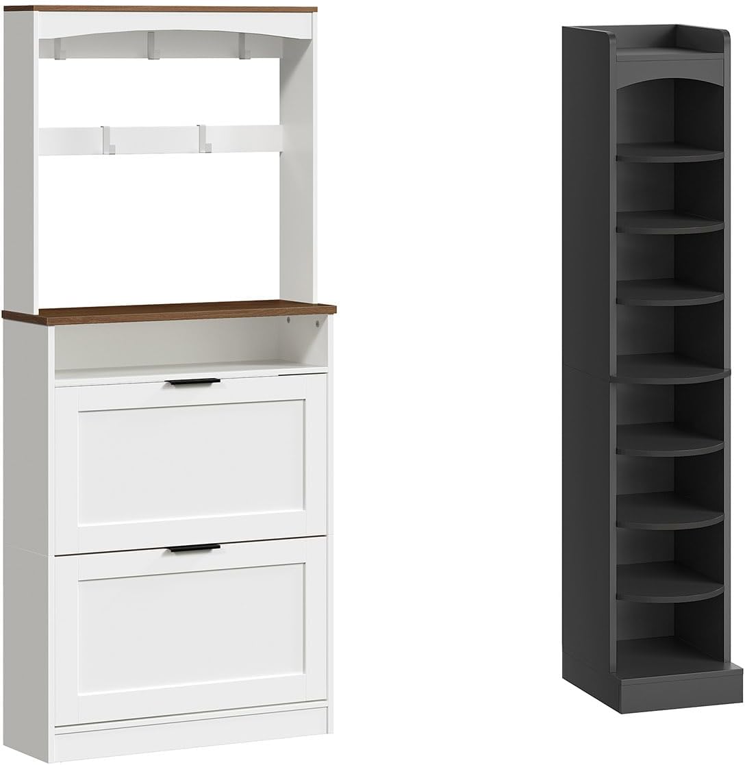 Tall Shoe Cabinet with Flip Drawers and Coat Rack, 9-Tier Tall Shoe Rack, Wooden Shoe Storage Organizer, Narrow Shoe Cabinet with Removable Shelves for Small Spaces, Holds 18 Pairs of Shoes, for Entra