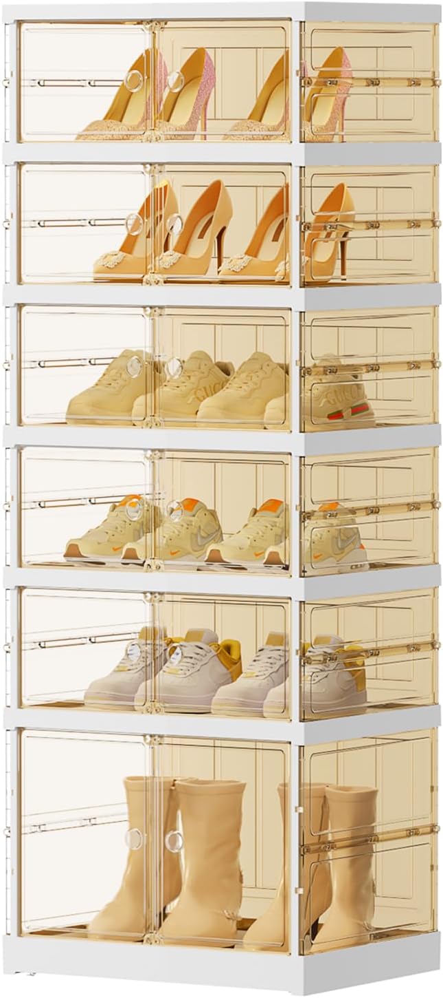 6 Tiers 12-24 Pairs Foldable Shoe Boxes Large Plastic Shoe Storage Rack Collapsible Shoe Organizer for Closet Tall Shoe Shelf Clear Stackable Shoes Cabinet with Doors entryway