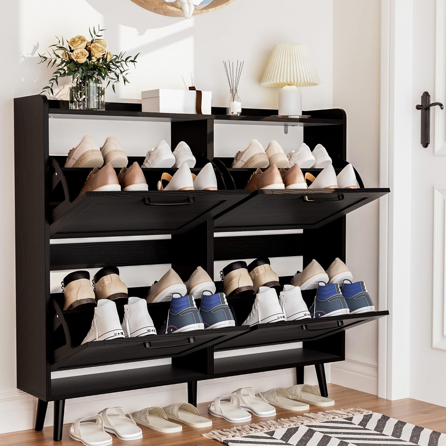 Shoe Storage Cabinet with 4 Flip Drawers, Freestanding Shoe Organizer with Adjustable Shelf & Anti-Tipping Device, Hidden Shoe Rack for Entryway, Hallway, Foyer, Lounge（Black）