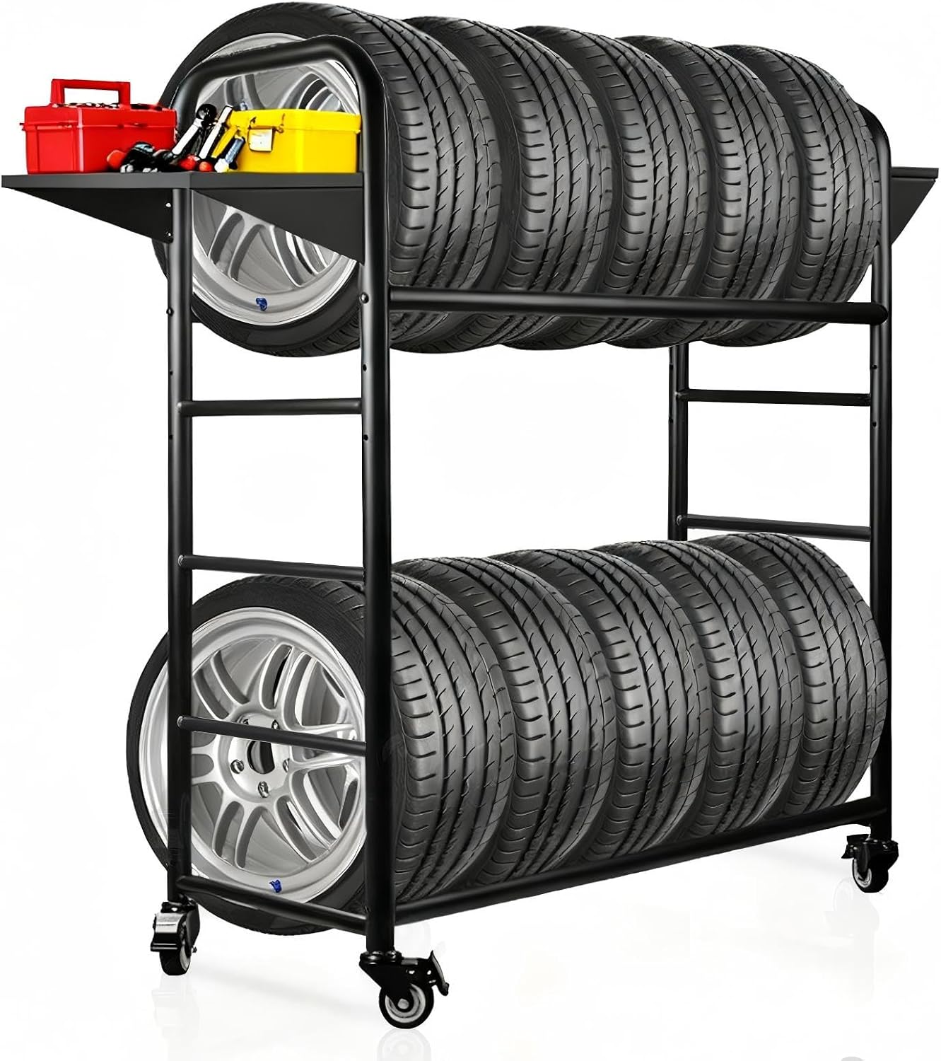 Tire Rack, 59 x 57 x 20 Inches Garage Tire Storage Stand with Storage Tray 218KG/480LBS Capacity, 2 Storage Shelf & 4 Swivel Casters Rolling Tire Storage Rack, Black
