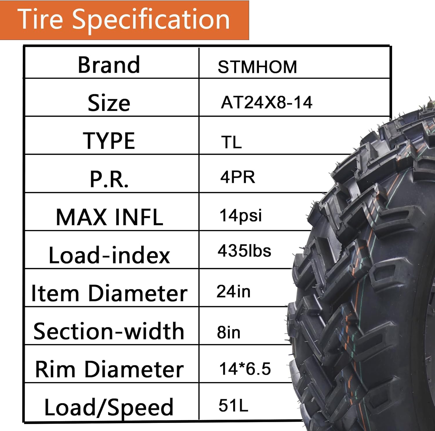 Set of 2 ATV Tires AT24X8-14(200/60-14) Tires 24X8X14 ATV Tires ATV/UTV Lawn-Mowers Off-Road Tires 4 PR, Tubeless